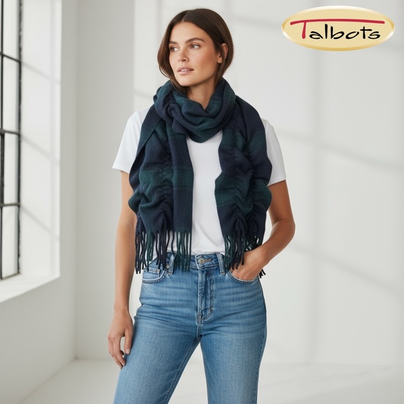 Talbots Navy Tartan Ruched Cashmere Scarf